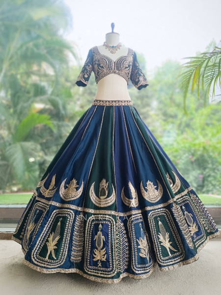 Nishika Navy Blue & Emerald Green Silk Satin Lehenga