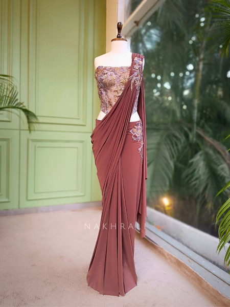 Evara Brown Drape Saree with Embroidered Corset Blouse