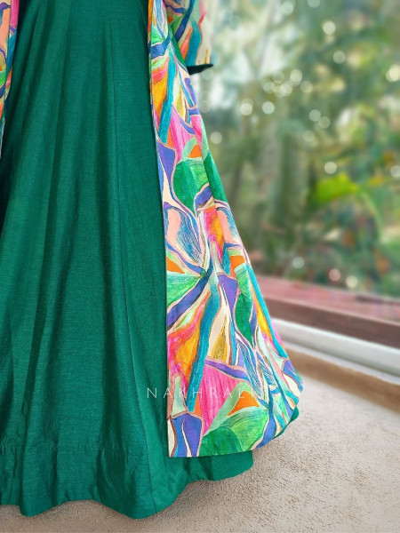 Canvas Green Lehenga Set with Abstract Print Jacket and Cut Dana Work