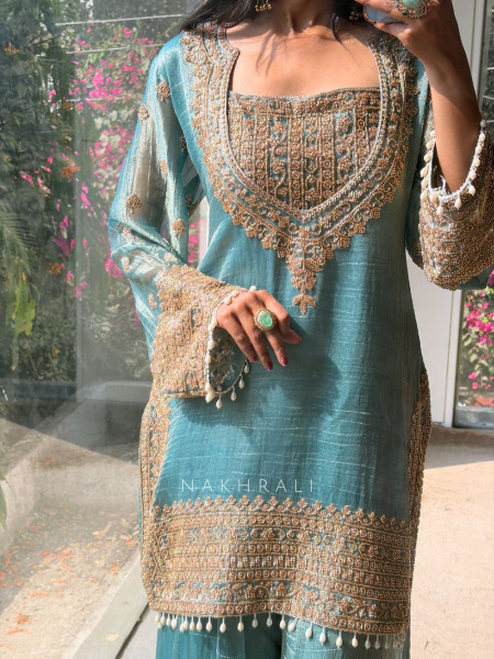 Zoya Blue Tissue Suit Set with Zari Work