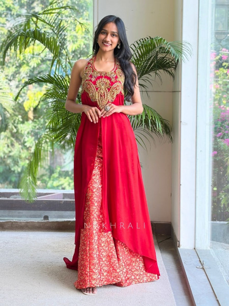 Sutra-Lekha Red Indo Western Palazzo Set With Embellished Yoke