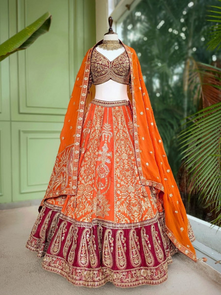 Ishira Orange Embroidered Lehenga with Maroon Blouse