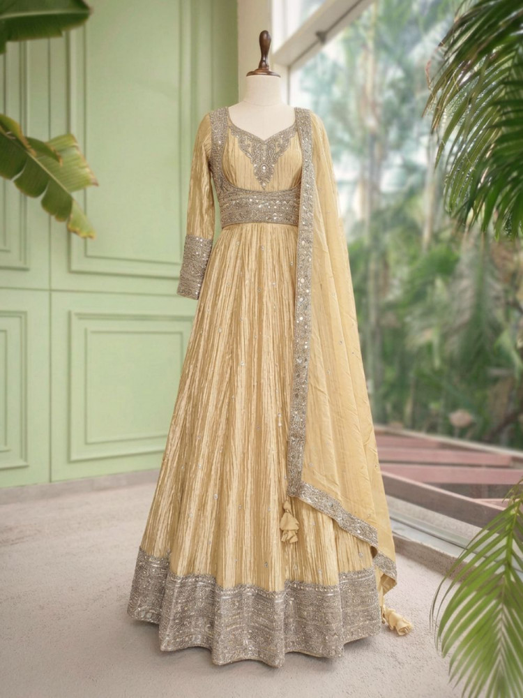 Image of Mrigya Golden Anarkali Suit Set With Hand Embellished Zari &amp; Sequin Work