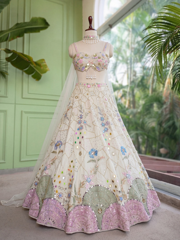 Image of Ishvika Off-white Slub Silk &amp; Tulle Carnival Lehenga Set