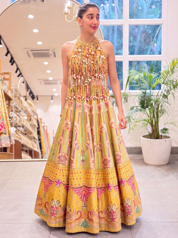Image of Marina Mustard Muslin Silk Crop Top Skirt Set With Cowrie Shell &amp; Tassel Fringe Work