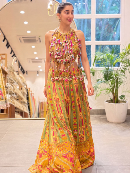 Marina Mustard Muslin Silk Crop Top Plazo  Set With Cowrie Shell & Tassel Fringe Work
