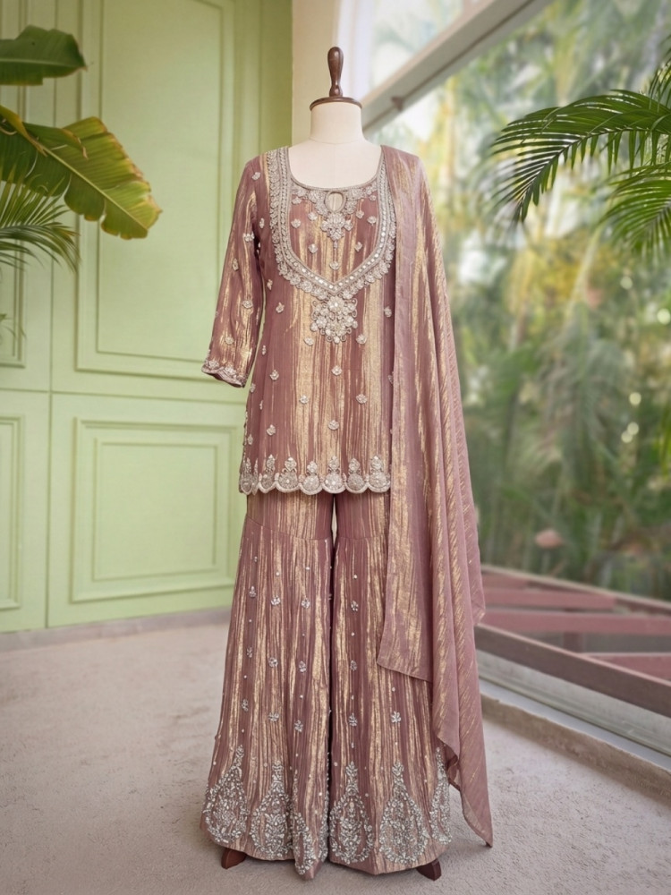 Image of Inara Shimmer Brown Crushed Organza Gharara Suit Set