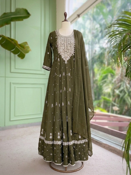 Reem Mehndi Green Anarkali Suit Set With Zari Sequin Yoke Work