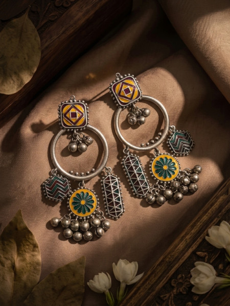 Phulwari Multicolor Oxidised Hoop Earrings Geometric Enamel & Ghungroo Detail