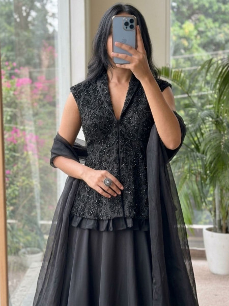 Nishika Black Georgette & Satin Silk Indo-Western Lehenga