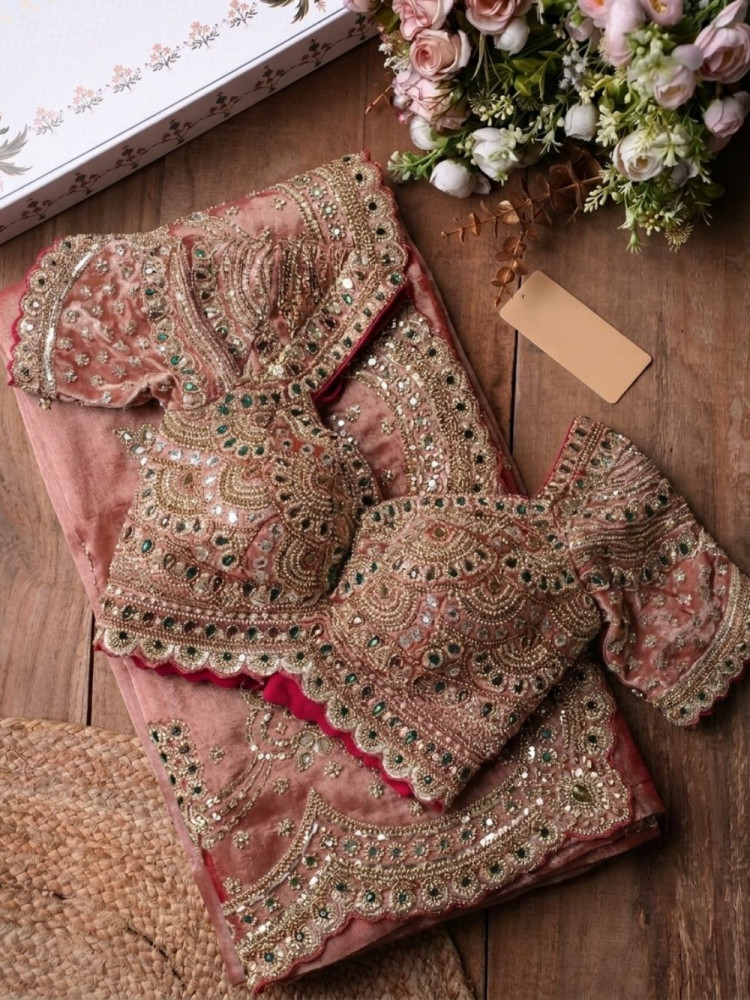 Image of Aethelgard Peach Silk Blend Saree with Readymade Blouse &amp; Kundan Zardozi Work