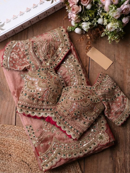 Aethelgard Peach Silk Blend Saree with Readymade Blouse & Kundan Zardozi Work