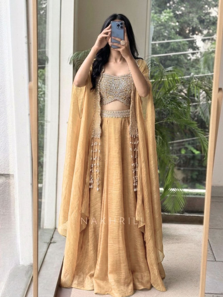 Sehar Mustard Crushed Organza Indo-Western Crop Top Skirt Set