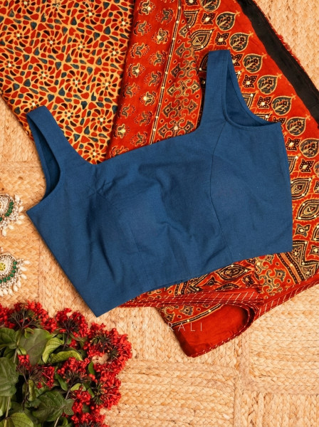 Mastani Blue Cotton Blouse with Square Neck on Both Sides