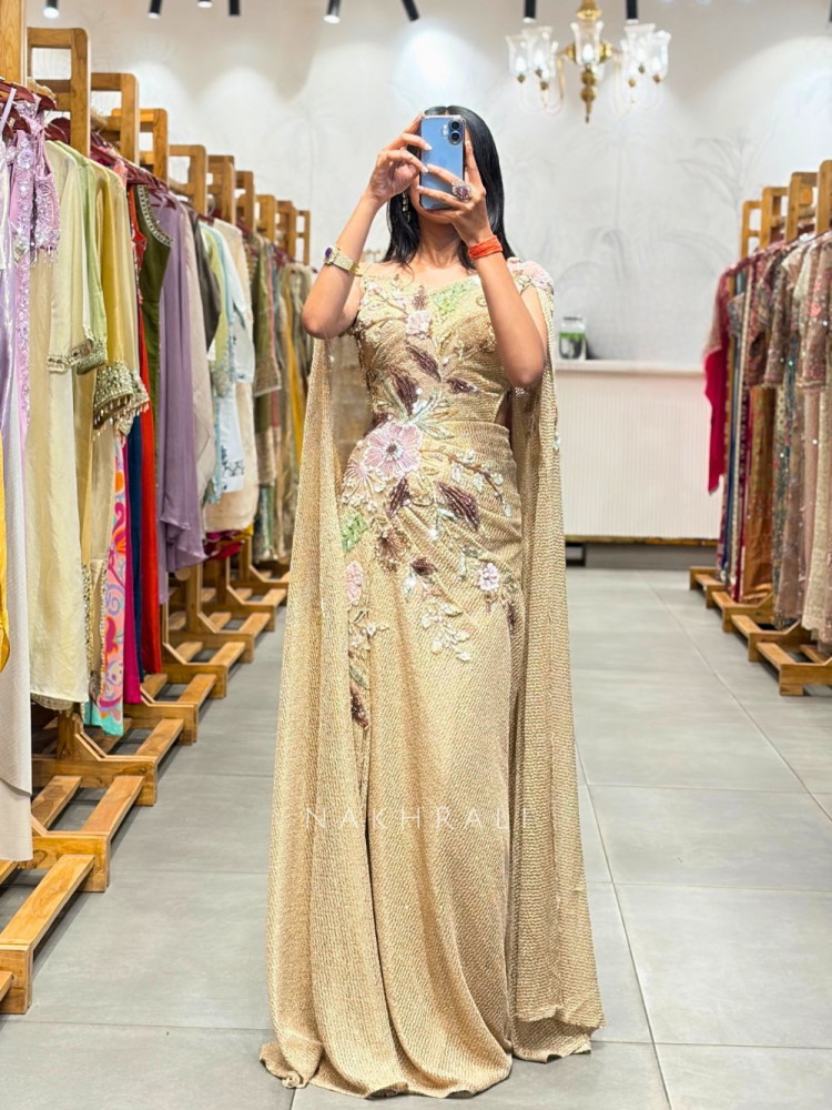 Image of Orlina Beige Sequin Drape Gown