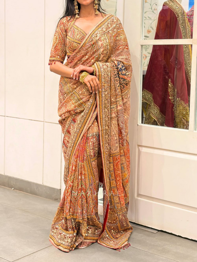 Image of Kalaki Red Printed Saree with Sequin Embroidery Work