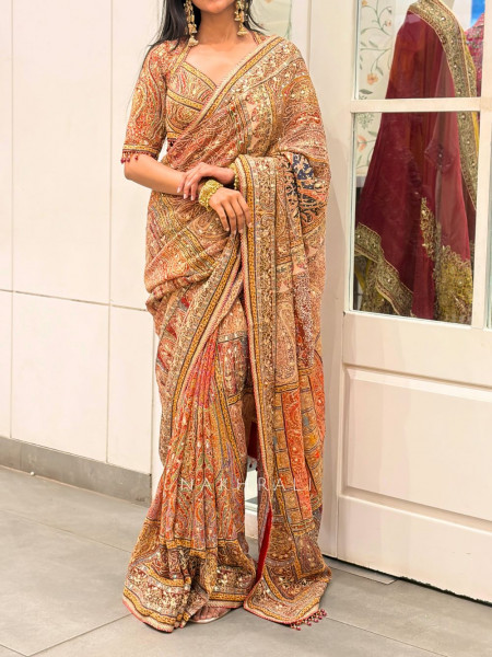 Kalaki Red Printed Saree with Sequin Embroidery Work