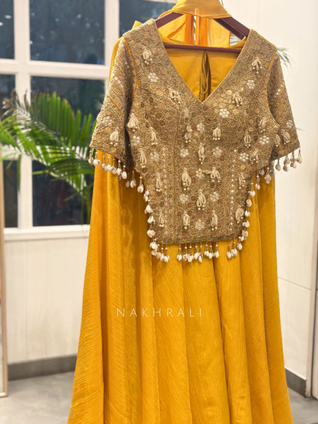 Vrinda Yellow Indo Western Palazzo Set with Mirror and Tassel Work