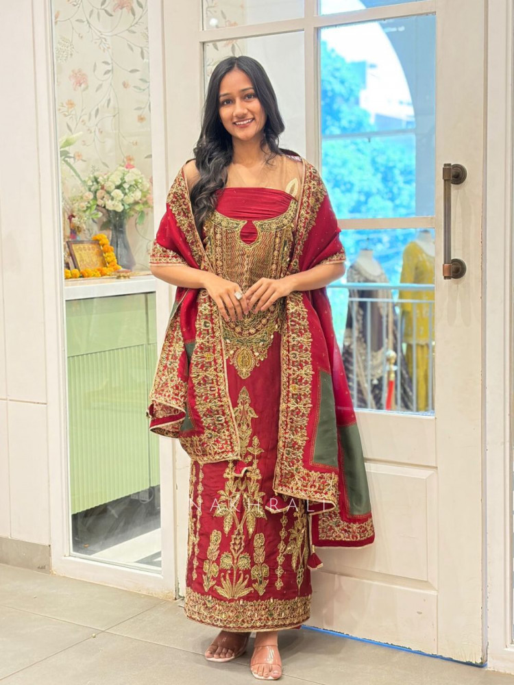 Image of Zayvra Wine Dress Material Set with Heavy Embroidery Work