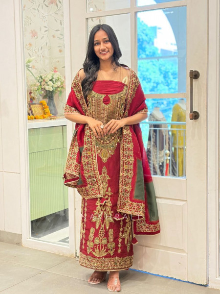 Zayvra Wine Dress Material Set with Heavy Embroidery Work