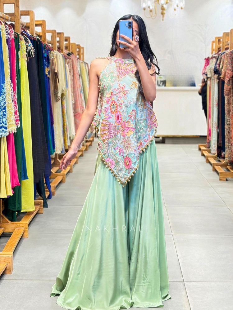 Image of Floral Green Indo-Western Palazzo Set with Sequin Work