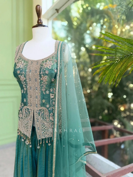 Riza Green Indo-Western Palazzo Set Sequin Embroidery