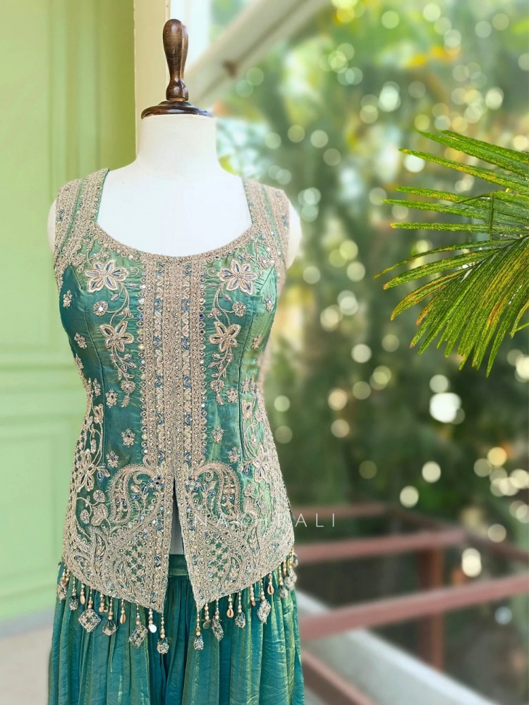 Image of Riza Green Indo-Western Palazzo Set Sequin Embroidery