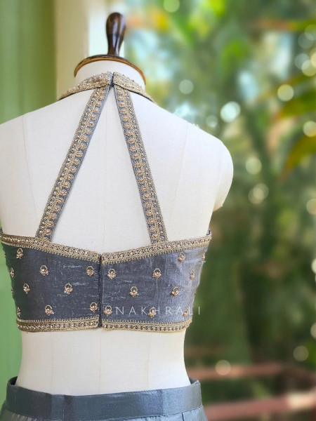 Zyraen Grey Ready to Drape Saree With Embroidered Blouse