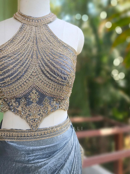 Zyraen Grey Ready to Drape Saree With Embroidered Blouse