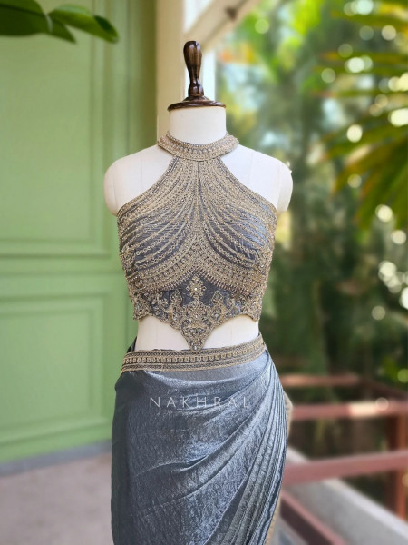 Zyraen Grey Ready to Drape Saree With Embroidered Blouse
