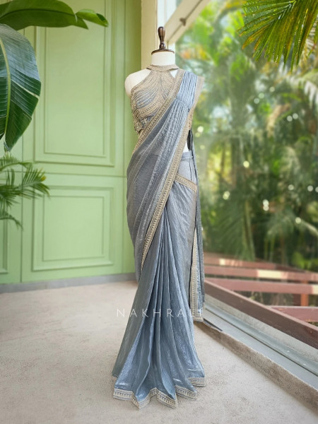 Zyraen Grey Ready to Drape Saree With Embroidered Blouse