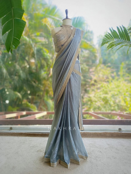 Zyraen Grey Ready to Drape Saree With Embroidered Blouse