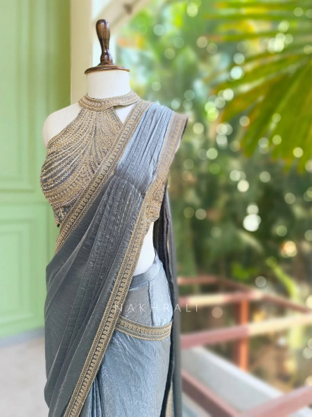 Zyraen Grey Ready to Drape Saree With Embroidered Blouse