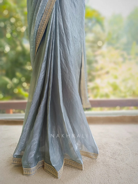 Zyraen Grey Ready to Drape Saree With Embroidered Blouse