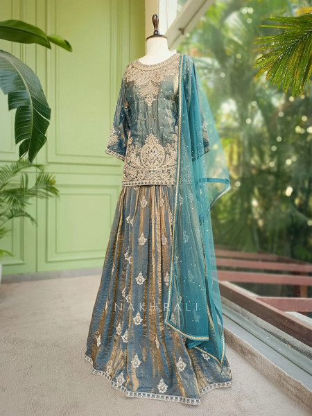 Zoraya Teal Blue Zari & Sequin Gharara Set