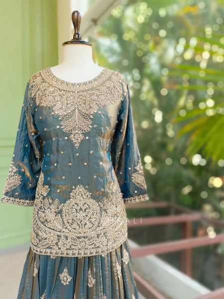 Zoraya Teal Blue Zari & Sequin Gharara Set