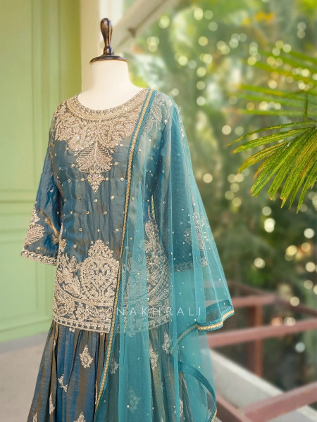 Zoraya Teal Blue Zari & Sequin Gharara Set