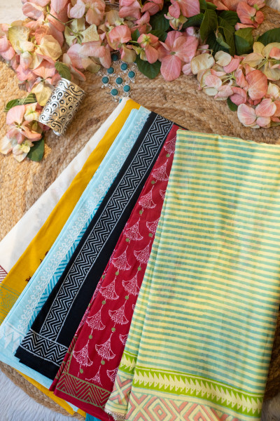 Neerja Sky Blue  Block Printed Cotton Saree