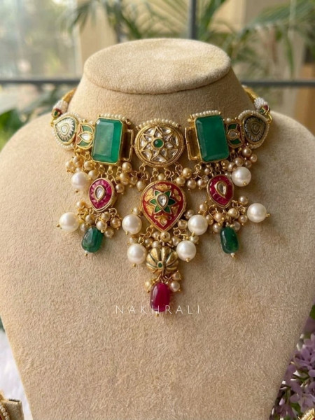 Rajrang Green Choker Necklace Set with Meenakari & Pearl Drops