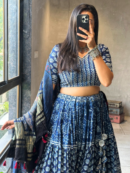 Jugni Blue Cotton indigo Printed Chaniya Choli