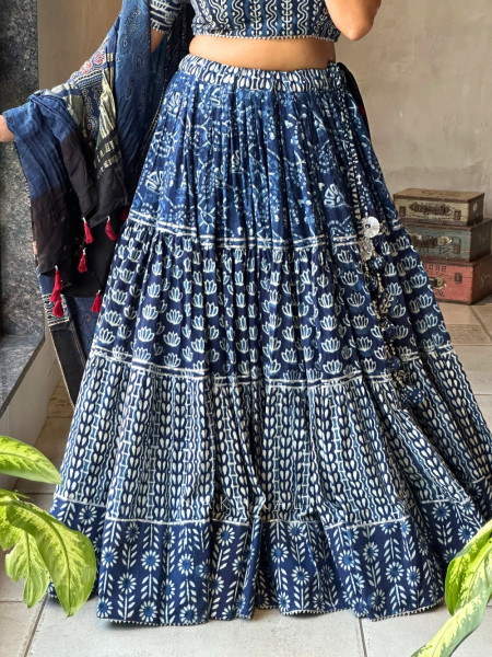 Jugni Blue Cotton indigo Printed Chaniya Choli