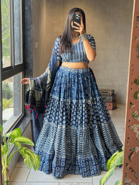 Jugni Blue Cotton indigo Printed Chaniya Choli