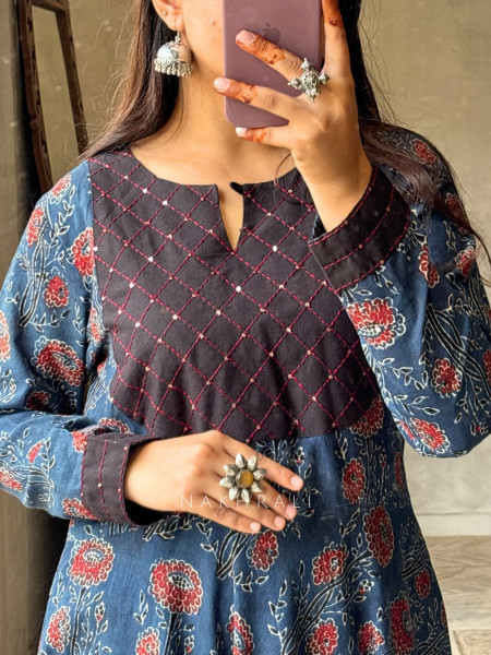 Adaa Blue Cotton Block Printed Kurta and Palazzo with Handwork Yoke