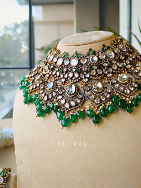 Sundari Green and Silver Kundan Bridal Necklace Set with Maang Tika