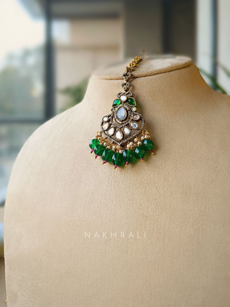 Sundari Green and Silver Kundan Bridal Necklace Set with Maang Tika