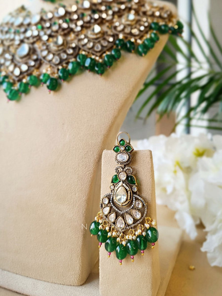 Sundari Green and Silver Kundan Bridal Necklace Set with Maang Tika