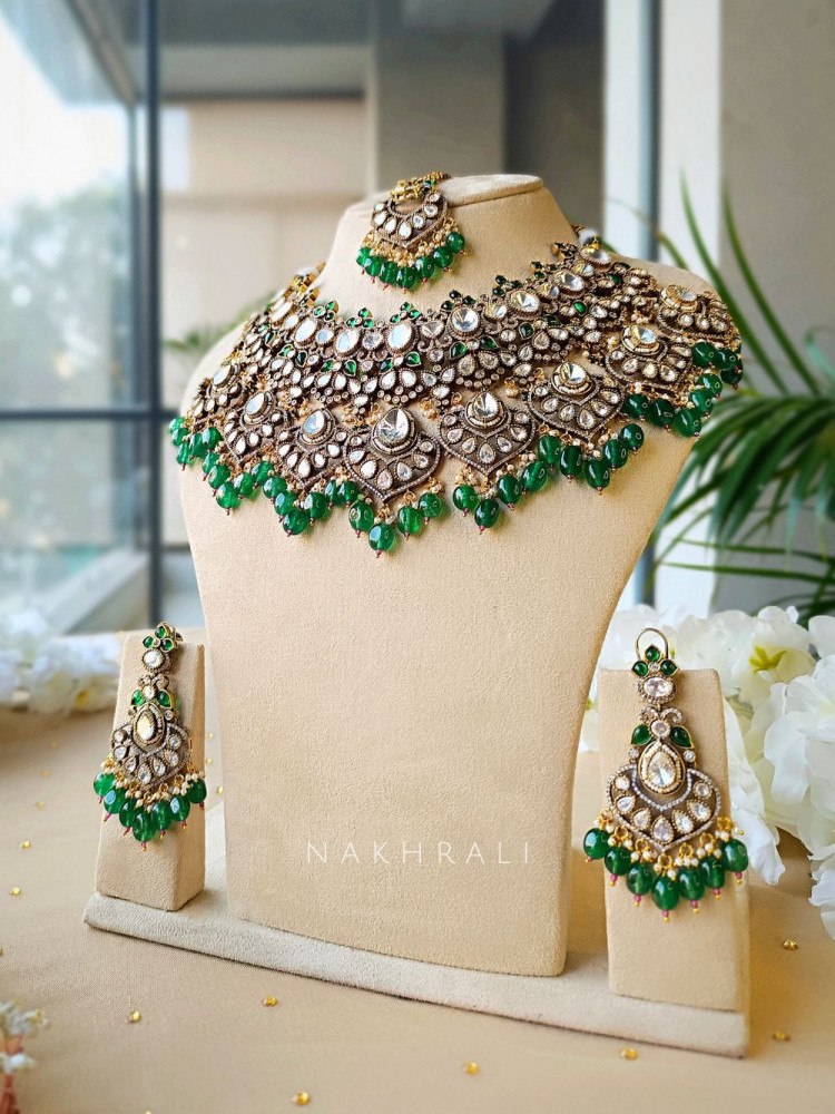 Image of Sundari Green and Silver Kundan Bridal Necklace Set with Maang Tika