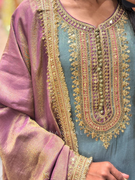 Zyris Grey Zari Tissue Suit Set with Sequin Workrk