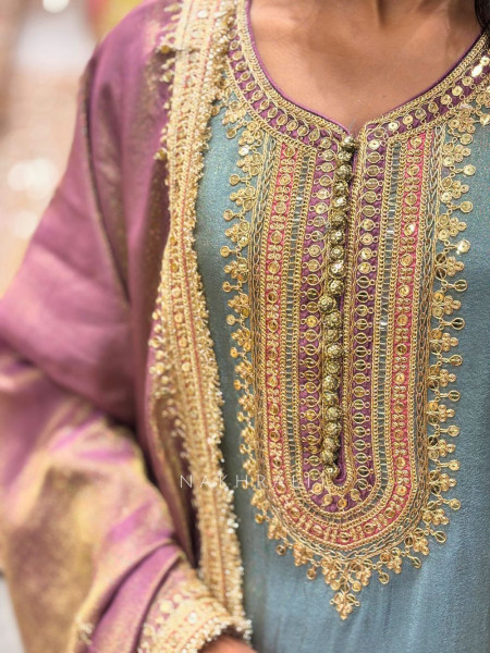 Zyris Grey Zari Tissue Suit Set with Sequin Workrk