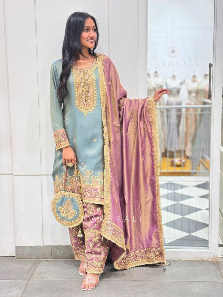 Zyris Grey Zari Tissue Suit Set with Sequin Workrk